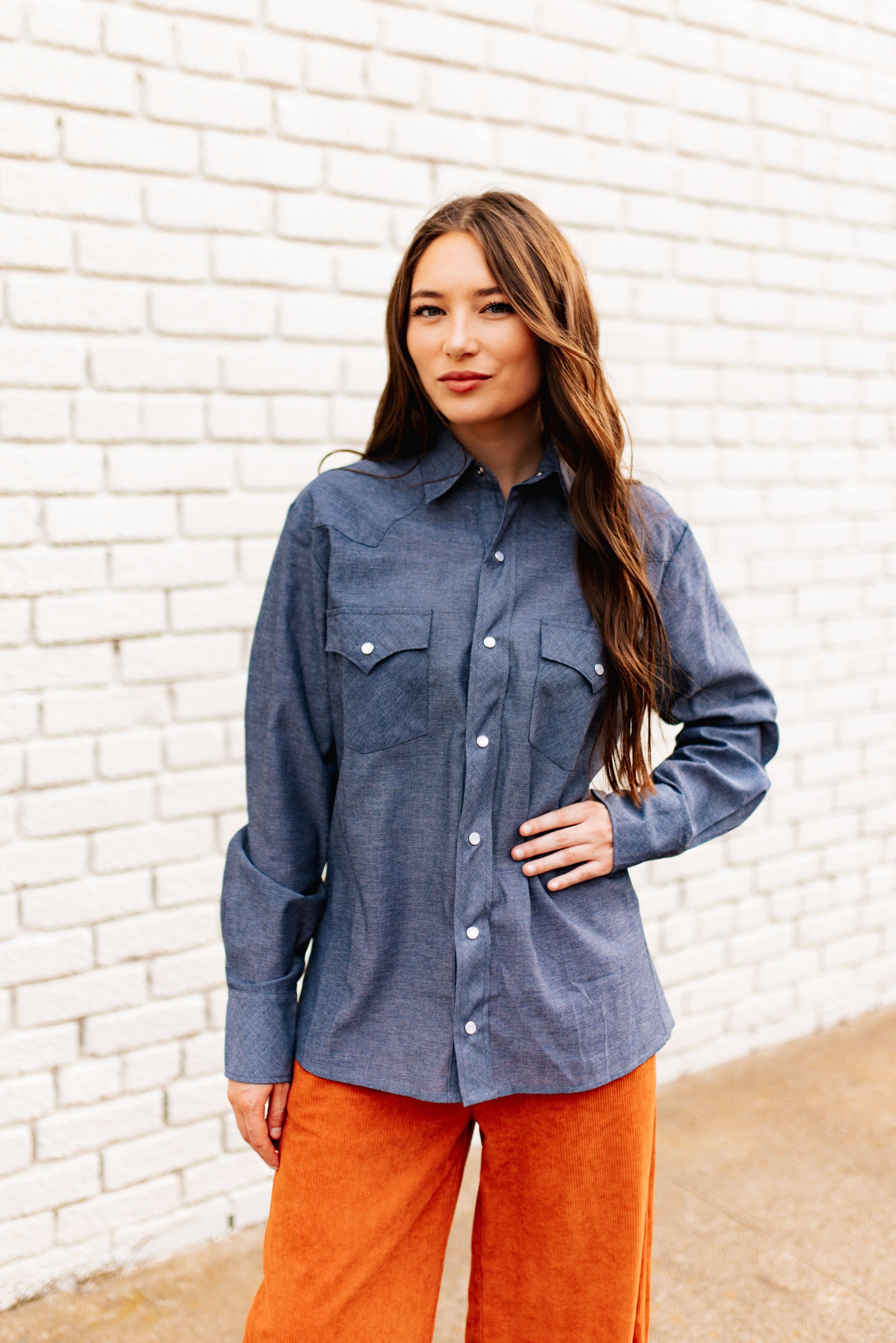 Classic Pearl Snap Denim Chambray Button-Down-Tops-Turquoise Haven-Stuffology - Where Vintage Meets Modern, A Boutique for Real Women in Crosbyton, TX