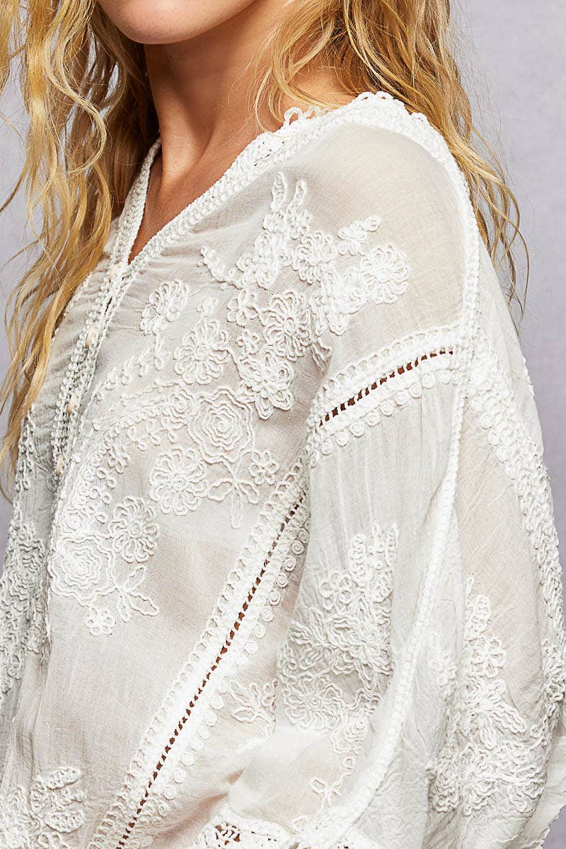POL Clothing V-neck Short Sleeve Floral Embroidered Crochet Blouse Top-Crochet Top-Pol Clothing-Stuffology - Where Vintage Meets Modern, A Boutique for Real Women in Crosbyton, TX