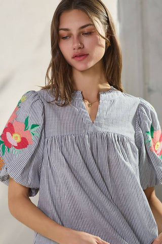Navy Yarn Dye Striped Fabric Top-Blouse-Oddi-Stuffology - Where Vintage Meets Modern, A Boutique for Real Women in Crosbyton, TX