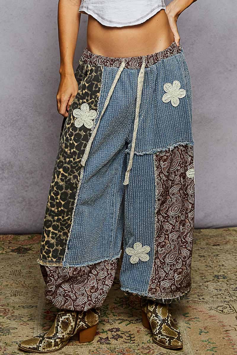 Crochet patch detail contrast patchwork printed woven pants-Pants-Pol Clothing-Stuffology - Where Vintage Meets Modern, A Boutique for Real Women in Crosbyton, TX