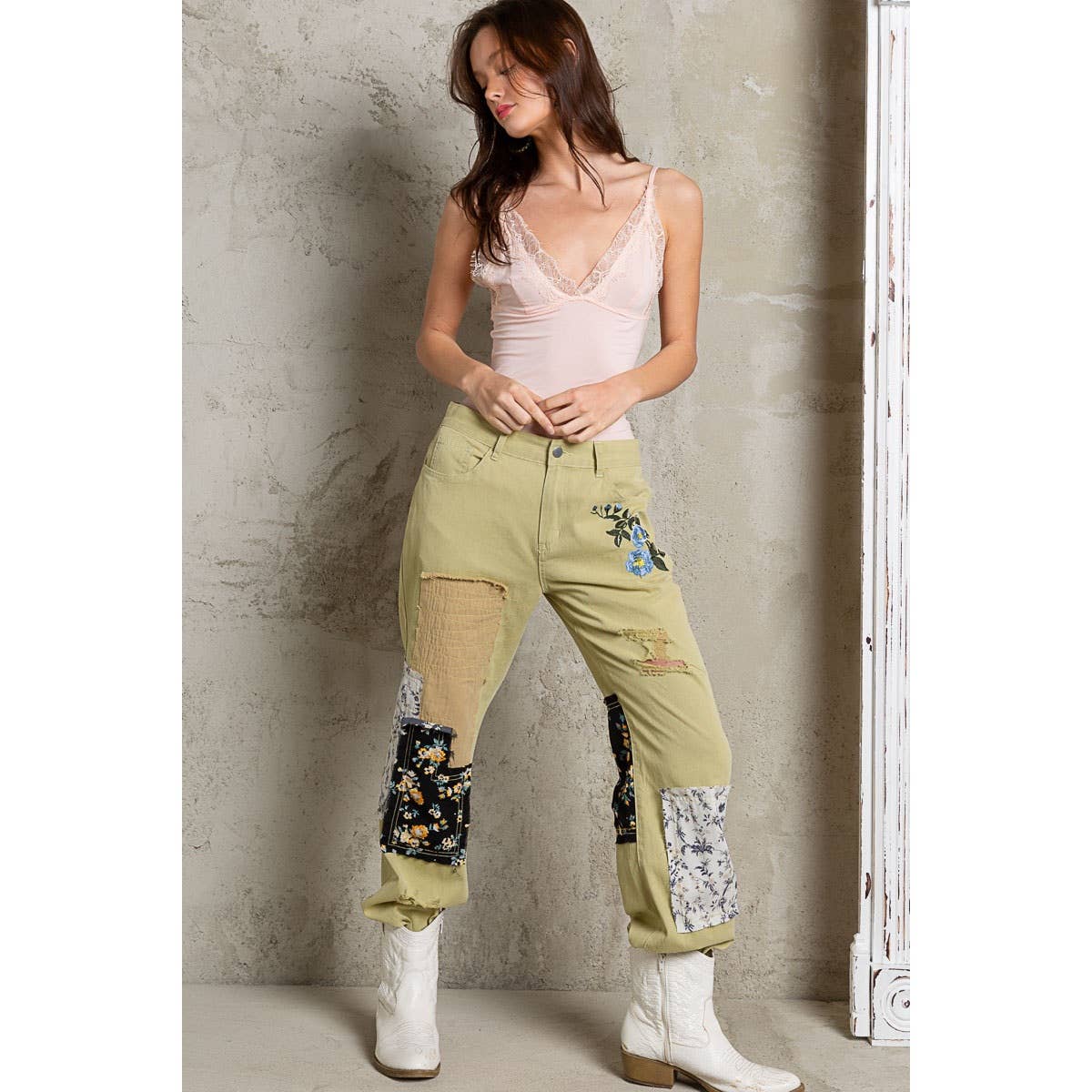 Embroidered Patchwork detail Jogger Pants/Stuffology Boutique-Pants-Pol Clothing-Stuffology - Where Vintage Meets Modern, A Boutique for Real Women in Crosbyton, TX