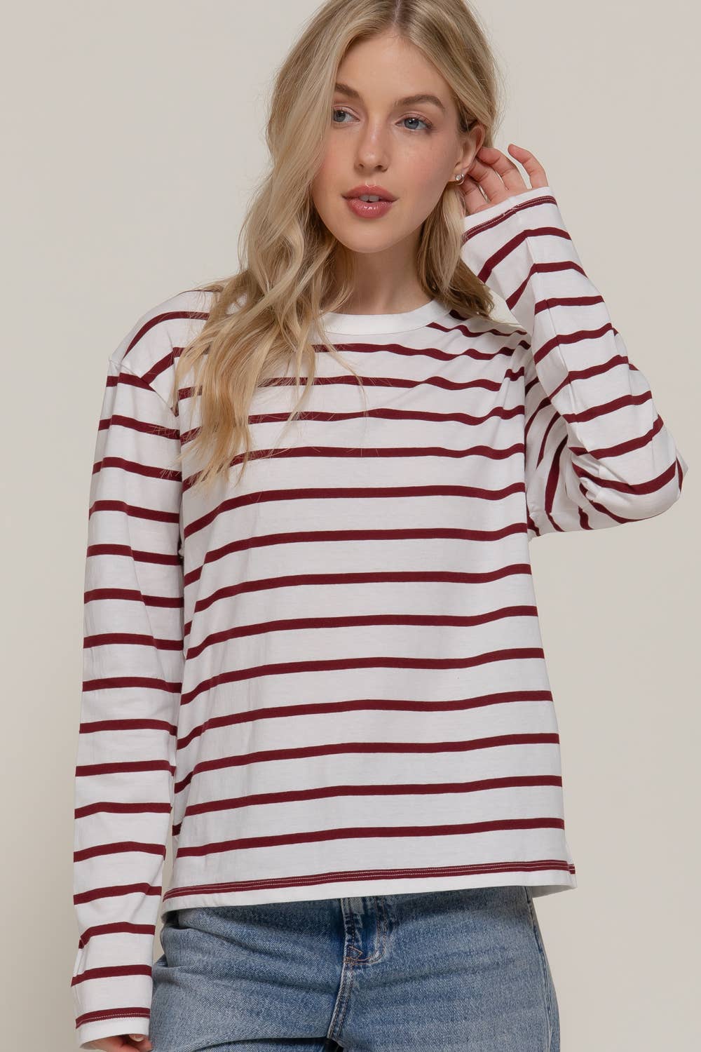 Ivory/Khaki Long Sleeve Round Neck Y/D Stripe Tee-Pullover Top-Stuffology Boutique-Stuffology - Where Vintage Meets Modern, A Boutique for Real Women in Crosbyton, TX