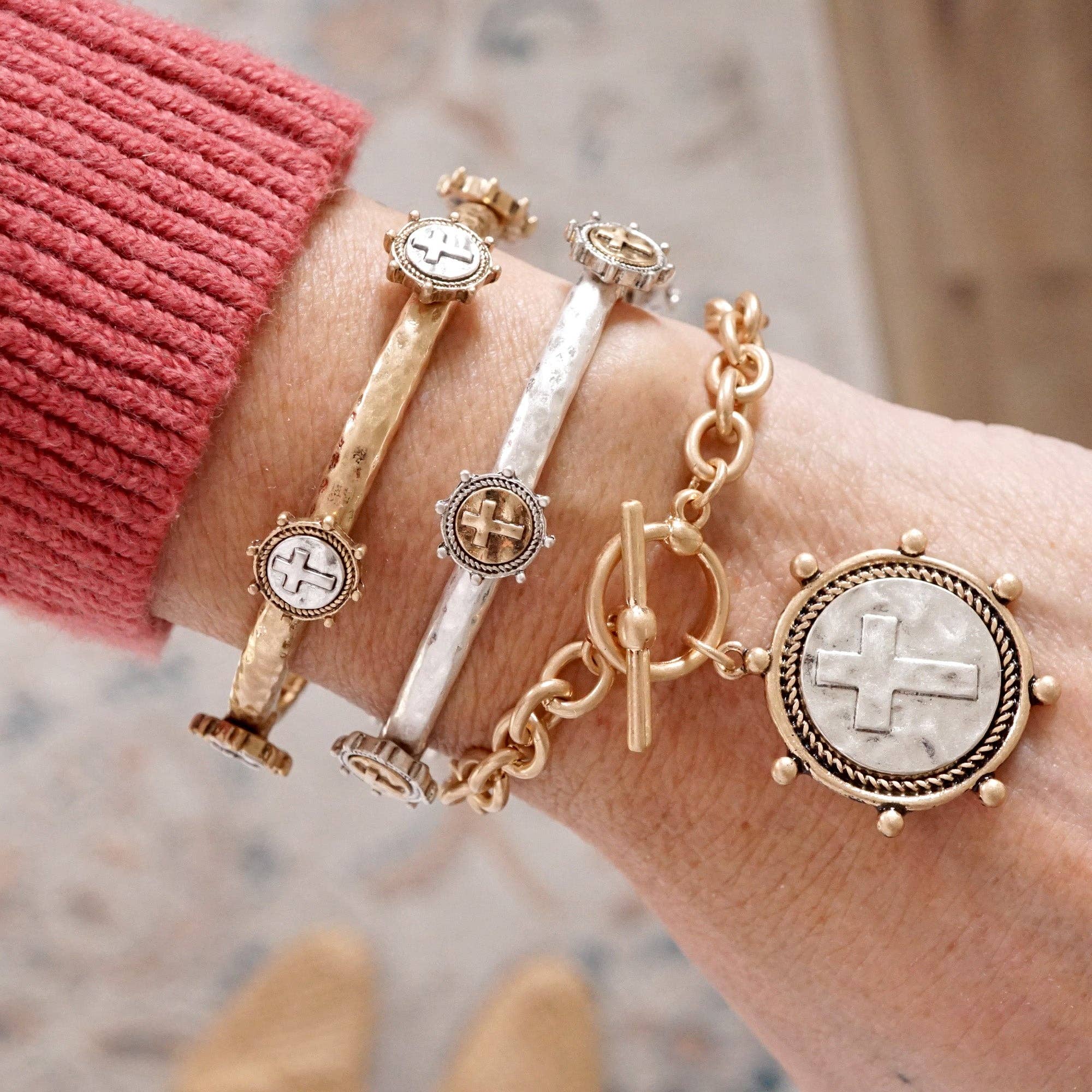 Cross Coin Bangle in Worn Silver or Gold Tone-Bracelets-PennyLine inc-Stuffology - Where Vintage Meets Modern, A Boutique for Real Women in Crosbyton, TX