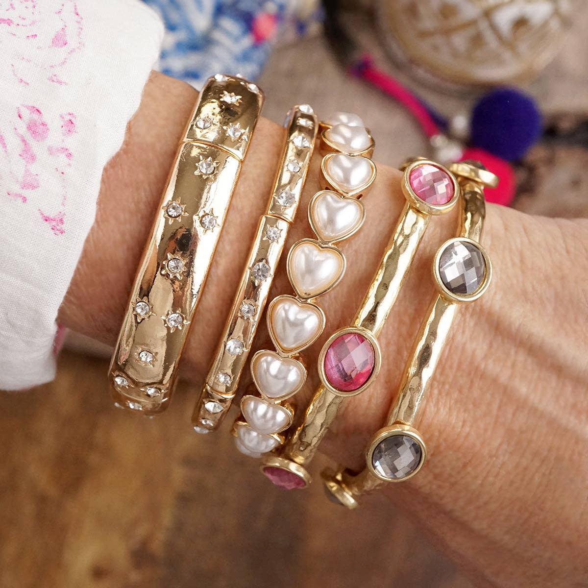 Gold-Tone Eternity Stretch Bangle – Pearls, Turquoise, or Crystals-Bracelets-PennyLine inc-Stuffology - Where Vintage Meets Modern, A Boutique for Real Women in Crosbyton, TX