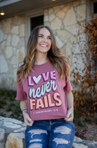 Love Never Fails - Short Sleeve (Mauve Berry) Graphic Tee-Women > Tops > Tshirts > Graphic-Jadelynn Brooke-Stuffology - Where Vintage Meets Modern, A Boutique for Real Women in Crosbyton, TX