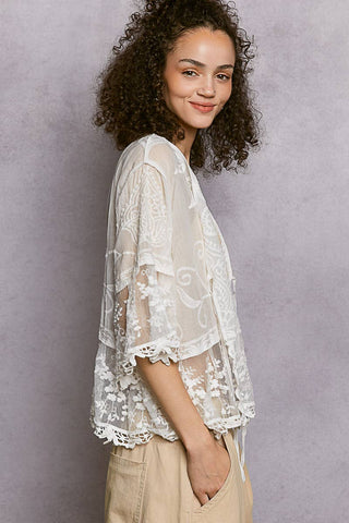 1/2 Sleeve Lace Ruffle Trim Opening Solid Crochet Cardigan-Cardigan-Pol Clothing-Stuffology - Where Vintage Meets Modern, A Boutique for Real Women in Crosbyton, TX
