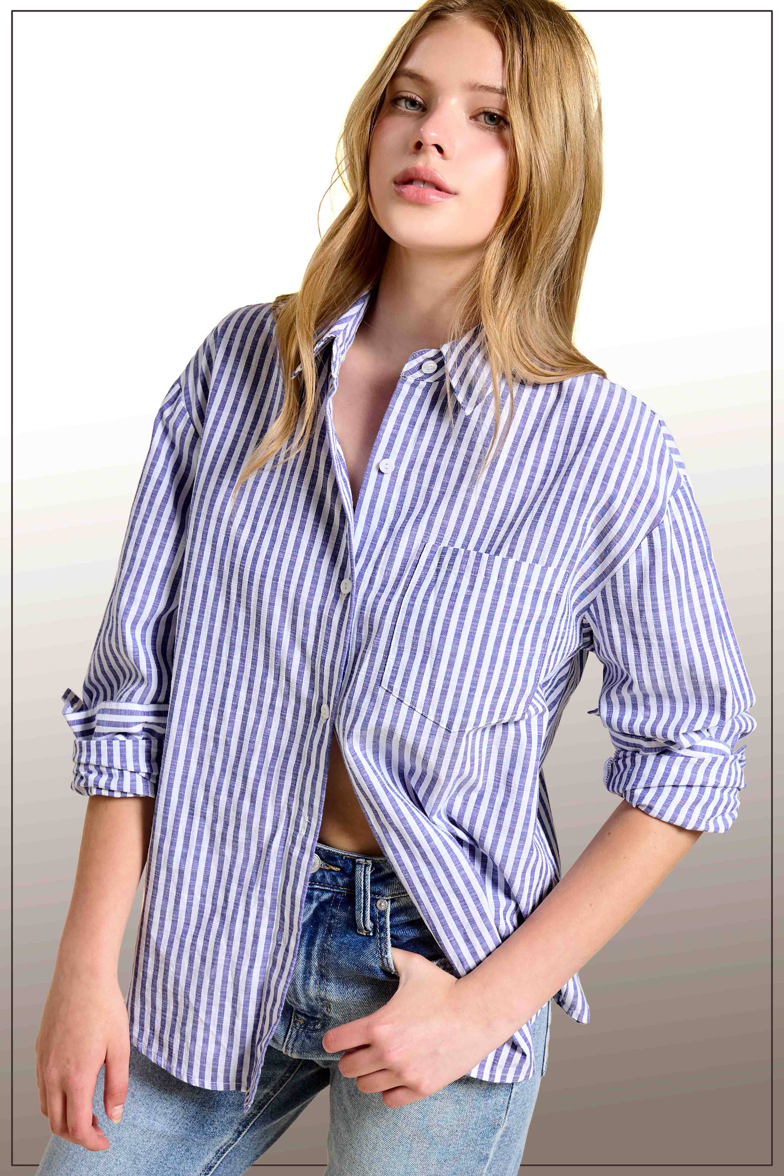 Collared Contrast Stripe Button Down Shirt-La Miel-Stuffology - Where Vintage Meets Modern, A Boutique for Real Women in Crosbyton, TX