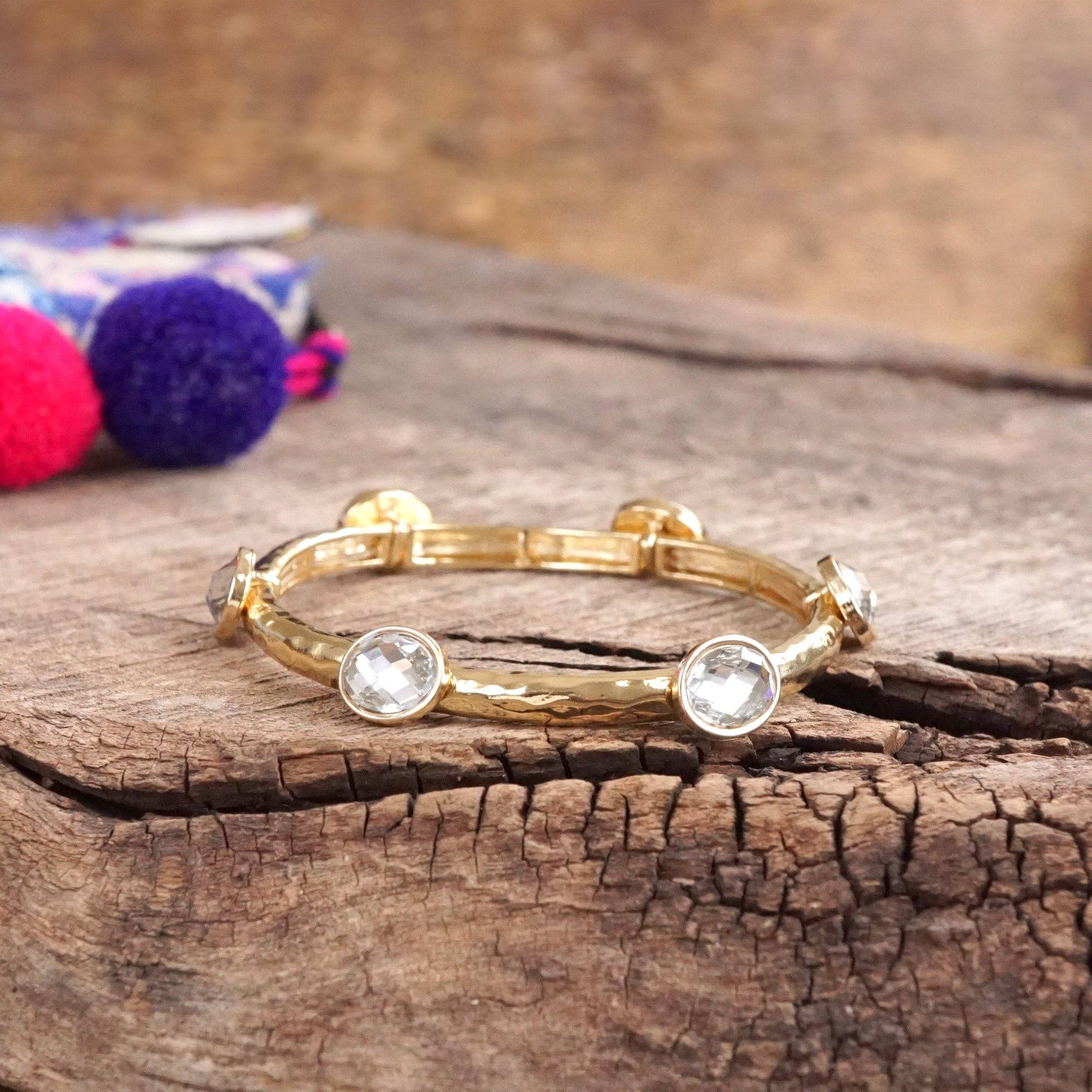 Jeweled Golden Bangle - with Faceted glass oval colorful jewels-Bracelets-PennyLine inc-Stuffology - Where Vintage Meets Modern, A Boutique for Real Women in Crosbyton, TX