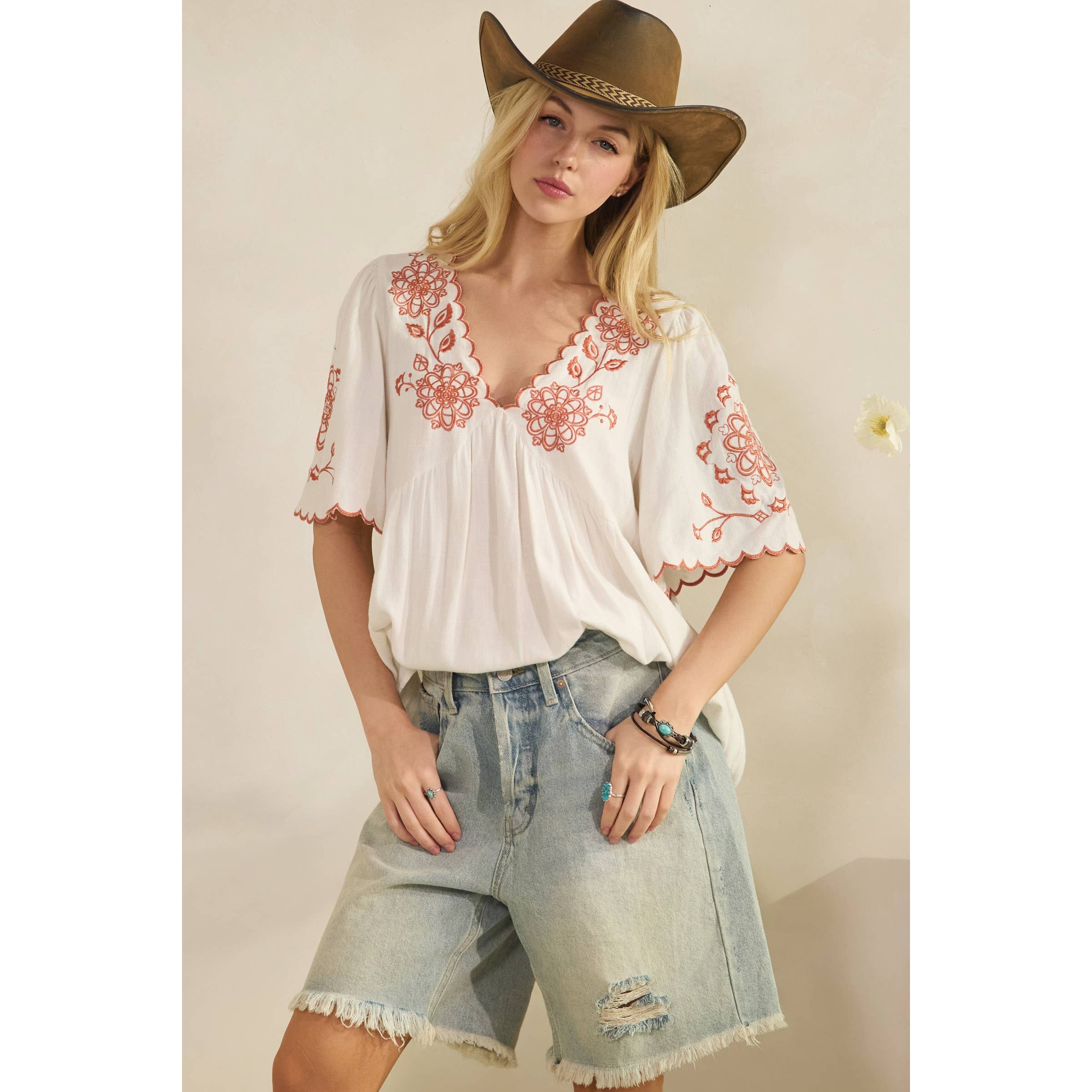 SCALLOPED BOHO EMBROIDERED BLOUSE (ST7681)-Sage + Fig-Stuffology - Where Vintage Meets Modern, A Boutique for Real Women in Crosbyton, TX