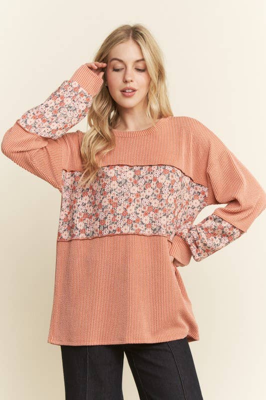 LONG SLEEVE RIBBED FLORAL TOP-TOP-HEIMISH-Stuffology - Where Vintage Meets Modern, A Boutique for Real Women in Crosbyton, TX