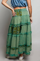 POL Clothing Boho Tie Waistband Patchwork Tiered Ruffle Maxi Skirt-Skirts-Pol Clothing-Stuffology - Where Vintage Meets Modern, A Boutique for Real Women in Crosbyton, TX