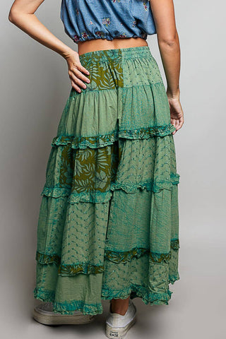 POL Clothing Boho Tie Waistband Patchwork Tiered Ruffle Maxi Skirt-Skirts-Pol Clothing-Stuffology - Where Vintage Meets Modern, A Boutique for Real Women in Crosbyton, TX