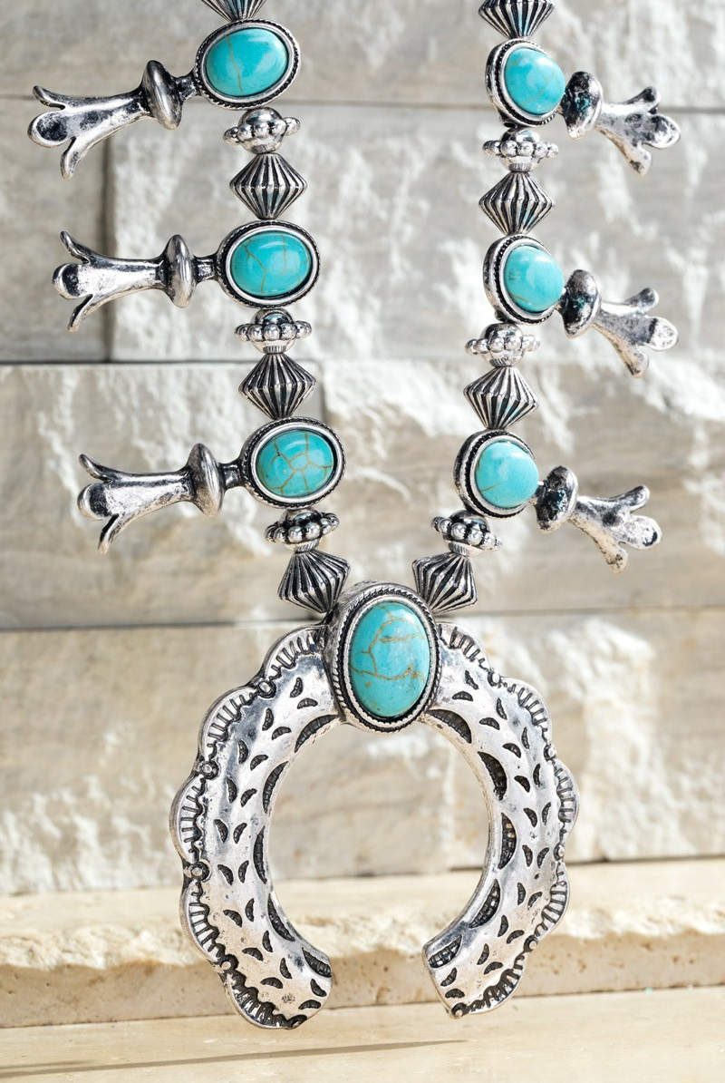 SILVER AND TURQUOISE SQUASH BLOSSOM NECKLACE-Necklaces-Urbanista-Stuffology - Where Vintage Meets Modern, A Boutique for Real Women in Crosbyton, TX