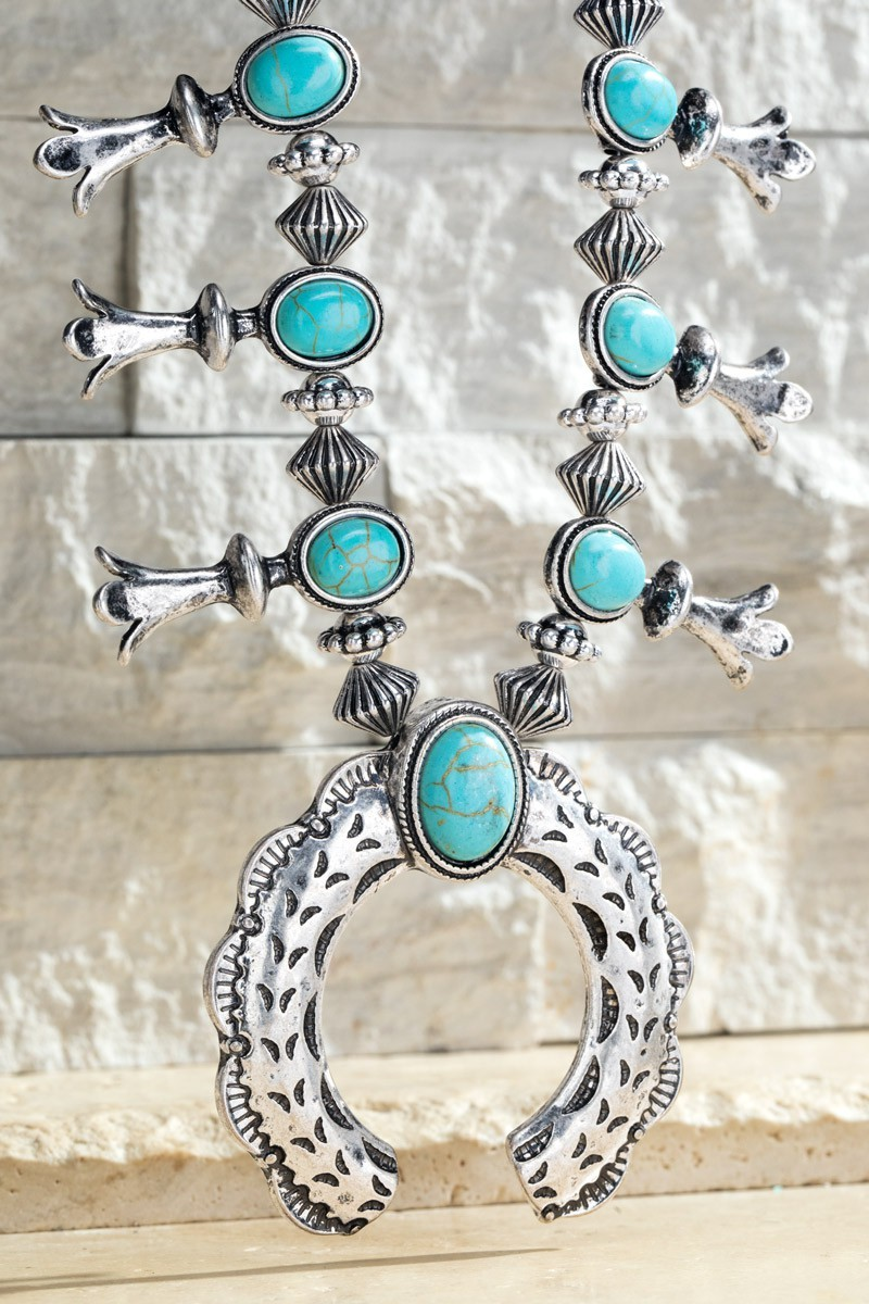 SILVER AND TURQUOISE SQUASH BLOSSOM NECKLACE-Necklaces-Urbanista-Stuffology - Where Vintage Meets Modern, A Boutique for Real Women in Crosbyton, TX