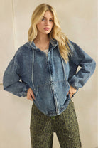 VINTAGE WASH DENIM ZIP-UP HOODIE JACKET-Denim Jacket-Sage + Fig-Stuffology - Where Vintage Meets Modern, A Boutique for Real Women in Crosbyton, TX