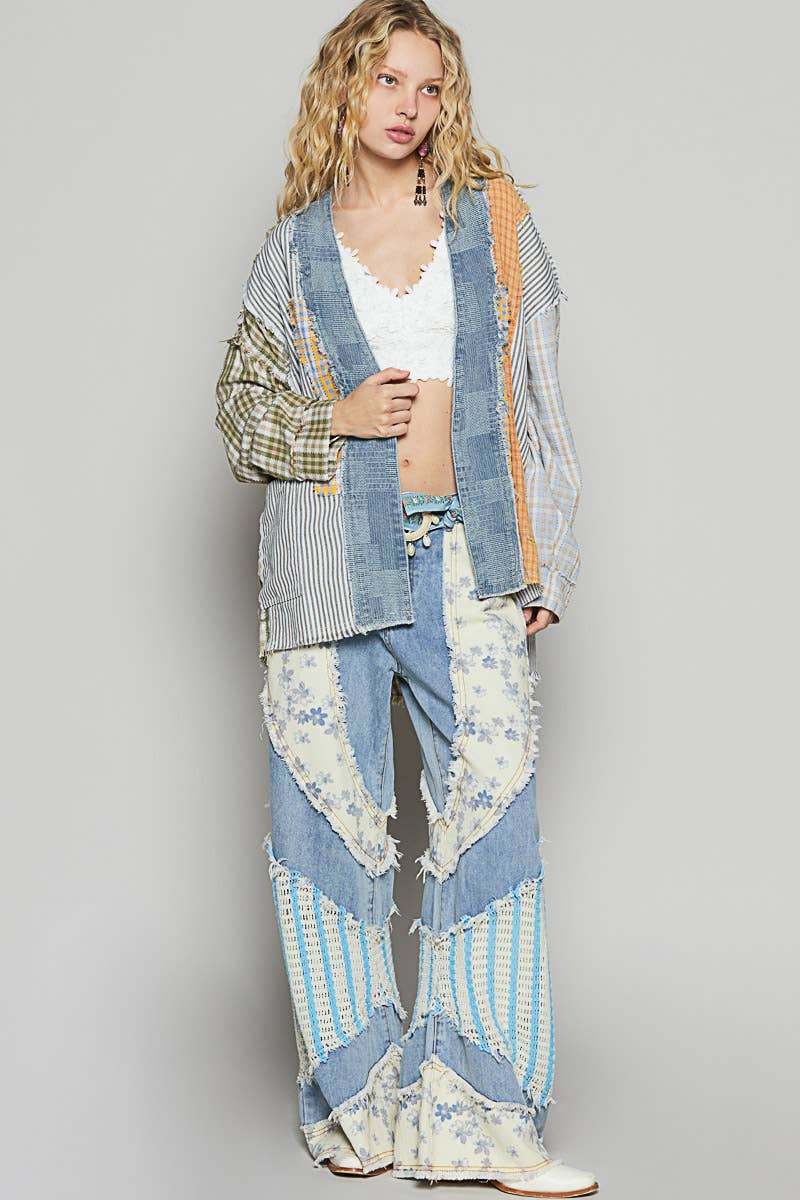 V-neck contrast printed woven cardigan top SALE-Pol Clothing-Stuffology - Where Vintage Meets Modern, A Boutique for Real Women in Crosbyton, TX