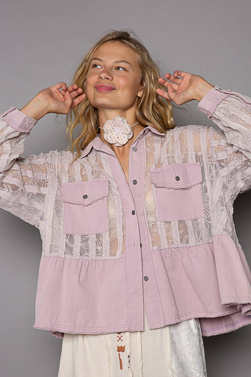 Oversize button down lace pattern casual shacket top-Pol Clothing-Stuffology - Where Vintage Meets Modern, A Boutique for Real Women in Crosbyton, TX