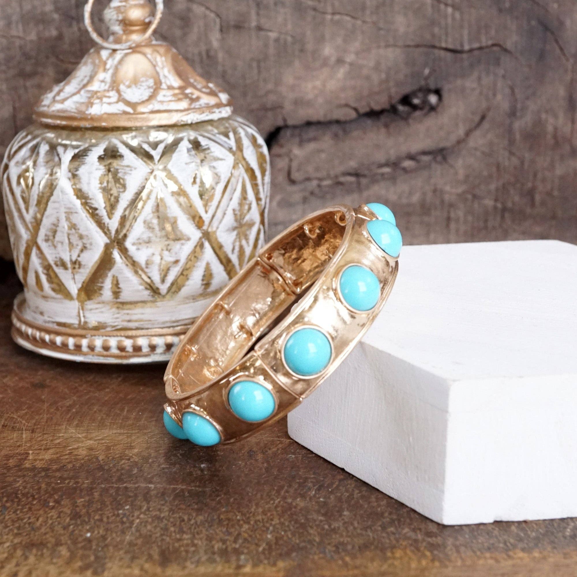 Eternity Statement Bangle Gold Tone Turquoise-Bracelets-PennyLine inc-Stuffology - Where Vintage Meets Modern, A Boutique for Real Women in Crosbyton, TX