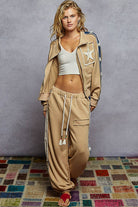 Long sleeve French terry star patch striped elastic jacket-Jackets-Pol Clothing-Stuffology - Where Vintage Meets Modern, A Boutique for Real Women in Crosbyton, TX