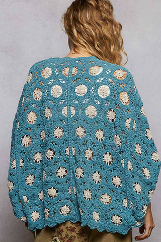 V-neck Long Sleeve Floral Contrast Crochet Cardigan Top-Cardigan-Pol Clothing-Stuffology - Where Vintage Meets Modern, A Boutique for Real Women in Crosbyton, TX