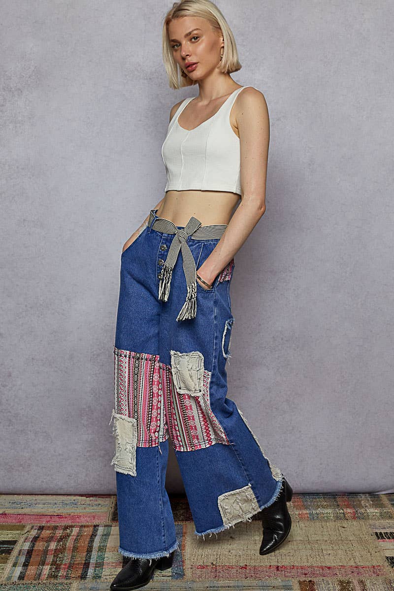 POL Clothing Boho Patchwork Denim Wide Leg Jeans-Jeans-Pol Clothing-Stuffology - Where Vintage Meets Modern, A Boutique for Real Women in Crosbyton, TX