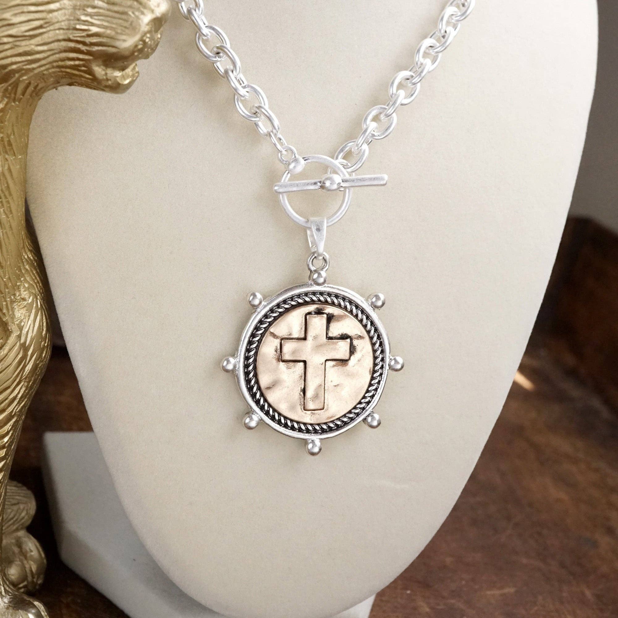 Cross Coin Chain Necklace with Front Toggle Closure – Silver or Gold Tone-Necklaces-PennyLine inc-Stuffology - Where Vintage Meets Modern, A Boutique for Real Women in Crosbyton, TX