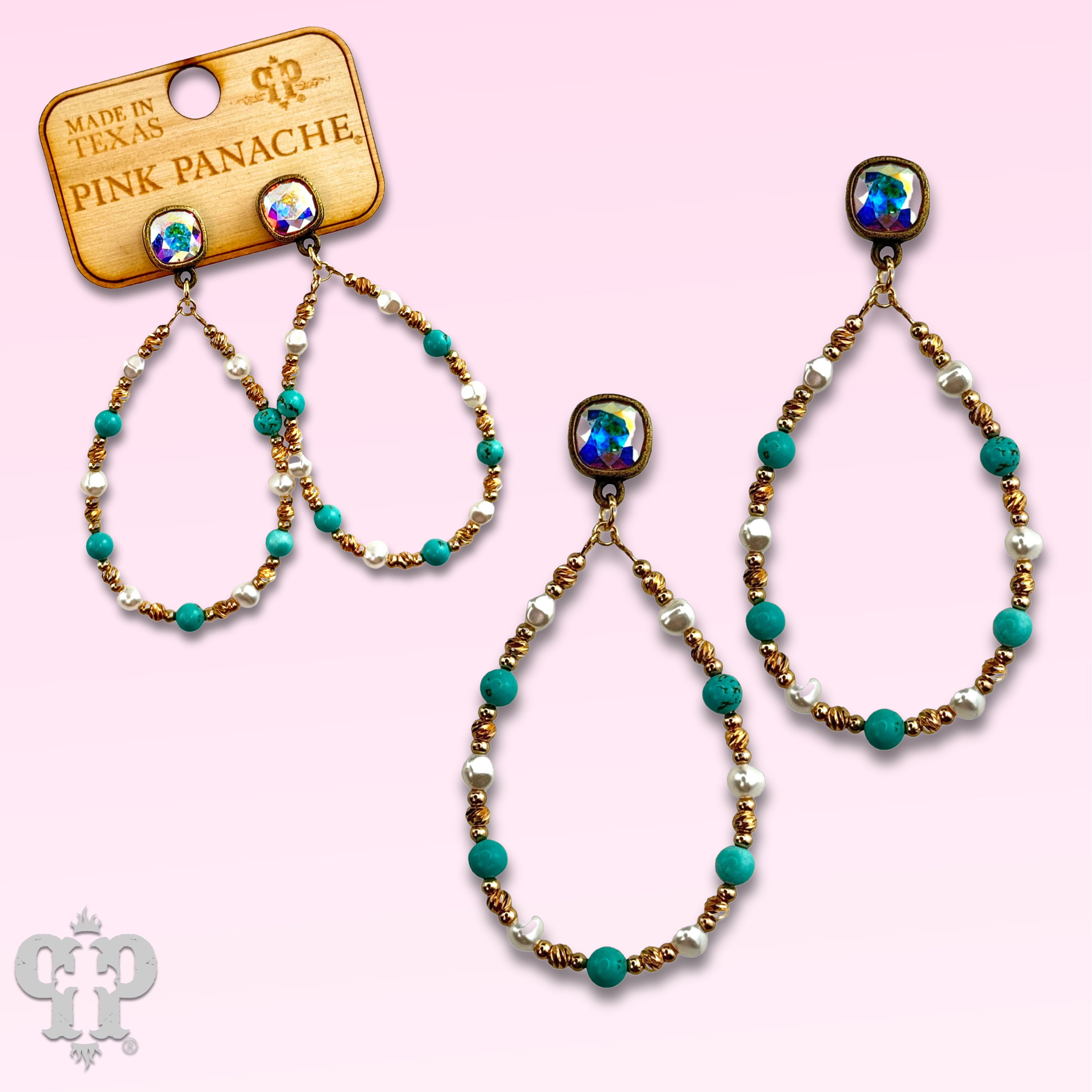 Turquoise and gold teardrop earring with Austrian crystal-Earrings-Pink Panache Brands-Stuffology - Where Vintage Meets Modern, A Boutique for Real Women in Crosbyton, TX