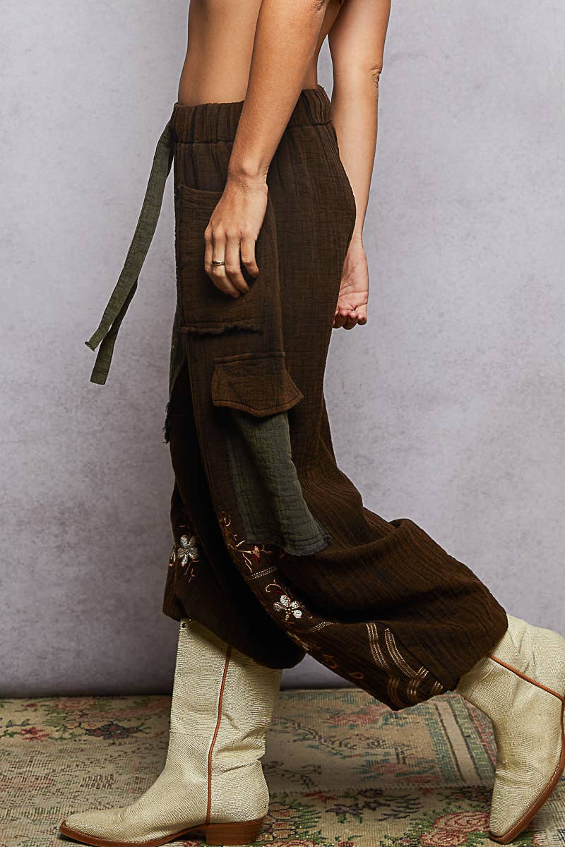 POL Clothing Double gauze floral embroidery accents patch detail pants-pants-Pol Clothing-Stuffology - Where Vintage Meets Modern, A Boutique for Real Women in Crosbyton, TX