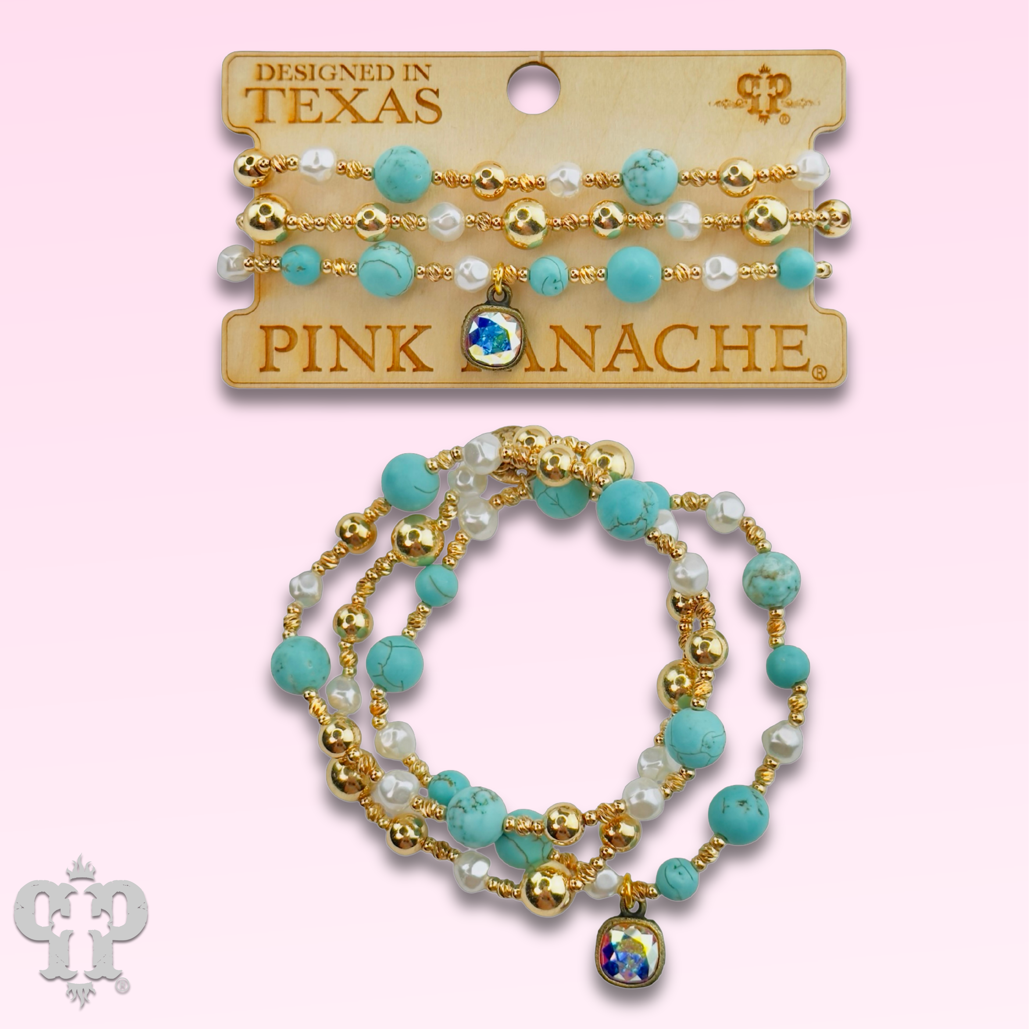 Turquoise and gold bracelet with Austrian crystal-Bracelets-Pink Panache Brands-Stuffology - Where Vintage Meets Modern, A Boutique for Real Women in Crosbyton, TX