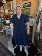 Navy Smocked Front Yoke Midi Dress-Dresses-Umgee-Stuffology - Where Vintage Meets Modern, A Boutique for Real Women in Crosbyton, TX