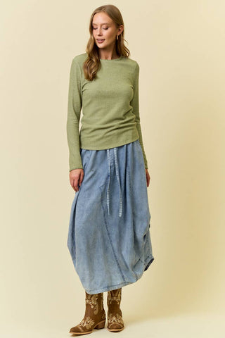 DENIM SIDE TUCK DETAIL MIDI SHIRT - 6557S-2-Skirts-Doe and Rae-Stuffology - Where Vintage Meets Modern, A Boutique for Real Women in Crosbyton, TX