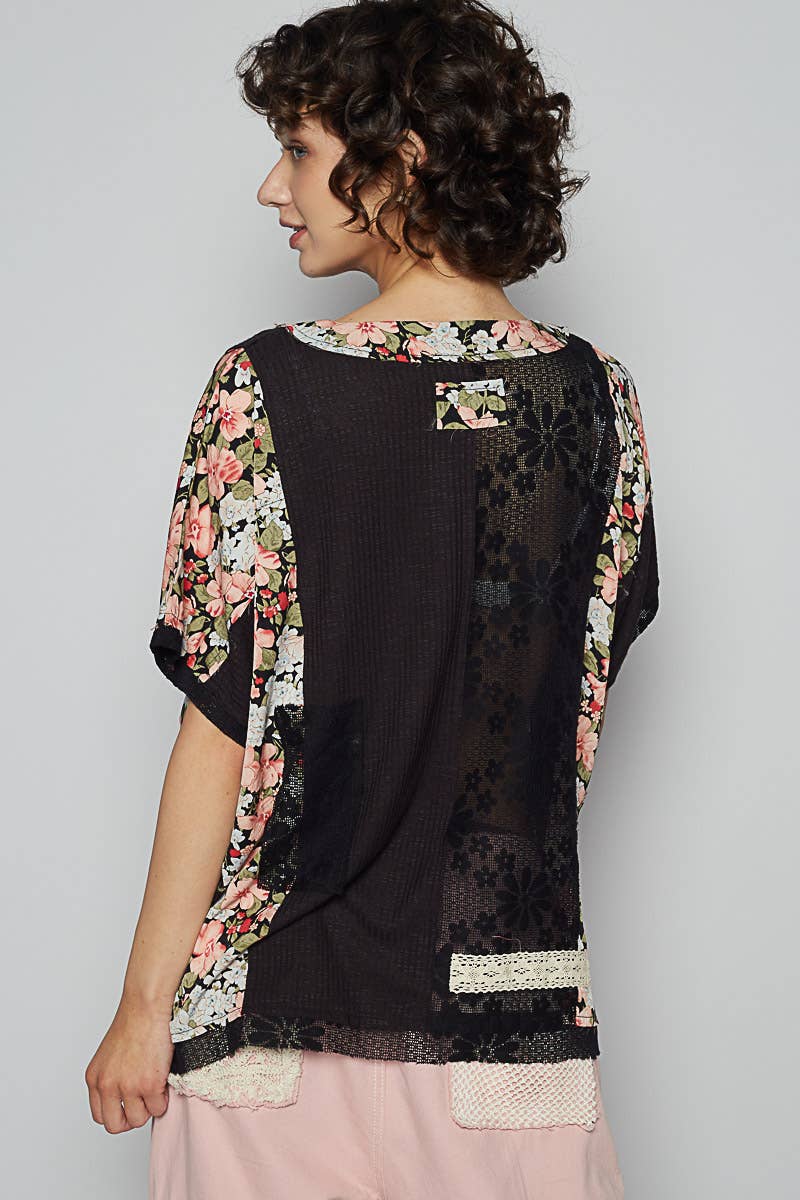 POL Clothing Round Neck Short Sleeve Floral Knit Rib Top-Loose Fit Top-Pol Clothing-Stuffology - Where Vintage Meets Modern, A Boutique for Real Women in Crosbyton, TX