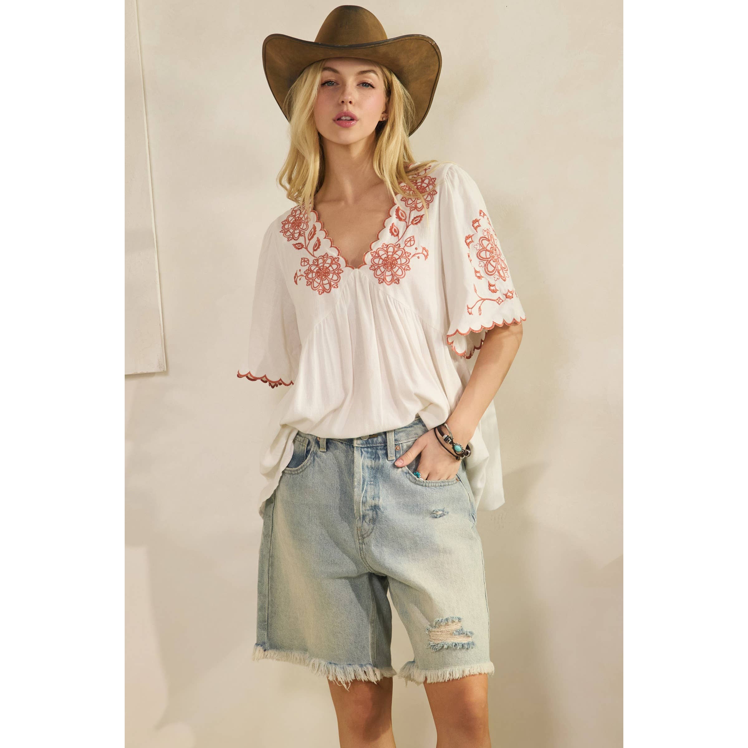 SCALLOPED BOHO EMBROIDERED BLOUSE (ST7681)-Sage + Fig-Stuffology - Where Vintage Meets Modern, A Boutique for Real Women in Crosbyton, TX