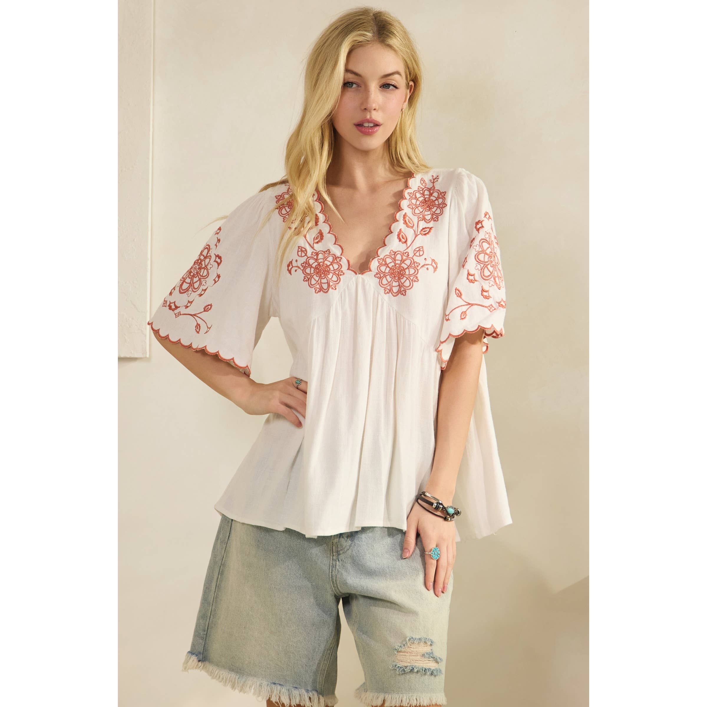 SCALLOPED BOHO EMBROIDERED BLOUSE (ST7681)-Sage + Fig-Stuffology - Where Vintage Meets Modern, A Boutique for Real Women in Crosbyton, TX