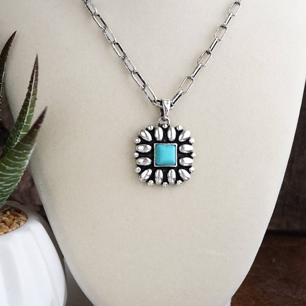 Desert Bloom – Square Concho Pendant Necklace in Worn Silver-Necklaces-PennyLine inc-Stuffology - Where Vintage Meets Modern, A Boutique for Real Women in Crosbyton, TX