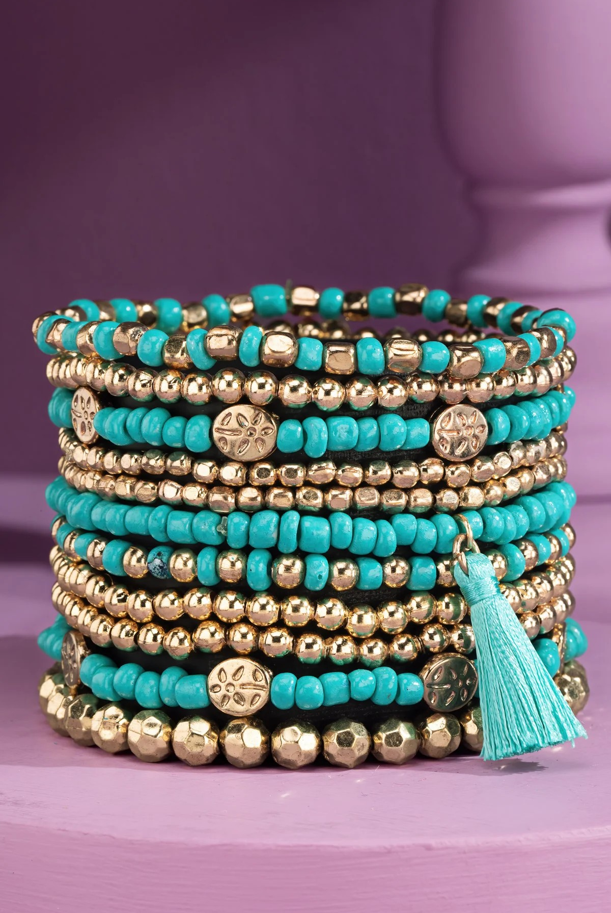 MULTI LAYERED 12 STRAND TURQUOISE AND GOLD BRACELET SET / STUFFOLOGY BOUTIQUE-Bracelets-Urbanista-Stuffology - Where Vintage Meets Modern, A Boutique for Real Women in Crosbyton, TX
