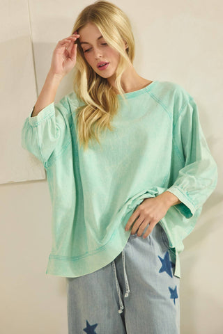 AQUA MINERAL WASH OVERSIZE PUFF-SLEEVE PULLOVER TEE-TOP-Sage + Fig-Stuffology - Where Vintage Meets Modern, A Boutique for Real Women in Crosbyton, TX