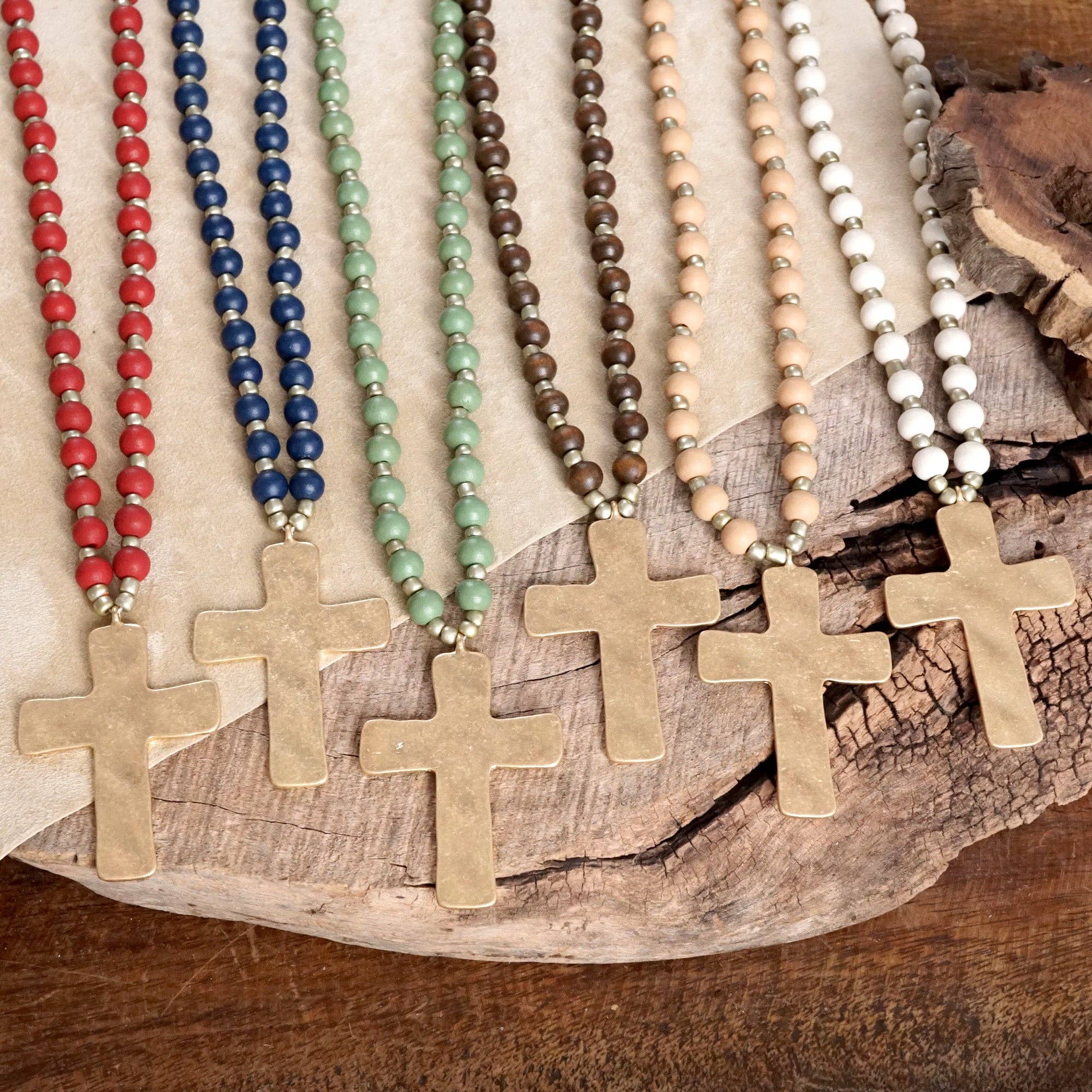 Long Wooden Bead Necklace with Gold Cross-Necklaces-PennyLine inc-Stuffology - Where Vintage Meets Modern, A Boutique for Real Women in Crosbyton, TX