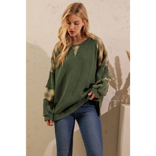 WAFFLE KNIT PATCHWORK PULLOVER-TOP-Sage + Fig-Stuffology - Where Vintage Meets Modern, A Boutique for Real Women in Crosbyton, TX