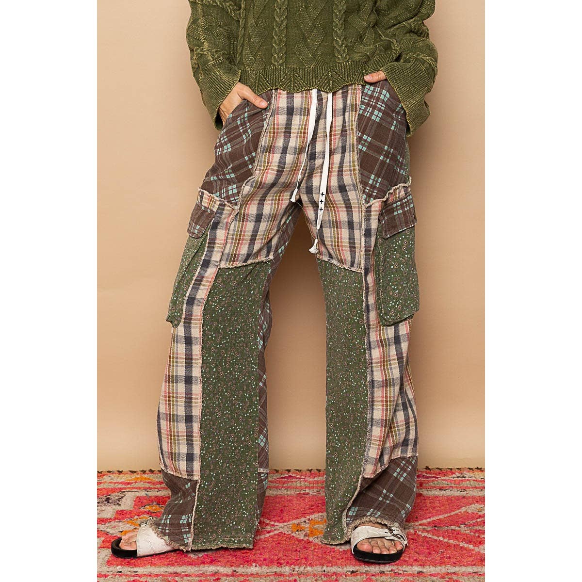 Wide Leg Elastic Waist Contrast Plaid Cargo Pockets Pants /Stuffology Boutique-Pants-Pol Clothing-Stuffology - Where Vintage Meets Modern, A Boutique for Real Women in Crosbyton, TX