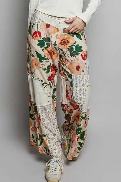 Stud Detail Floral Woven Striped Contrast Straight Pants