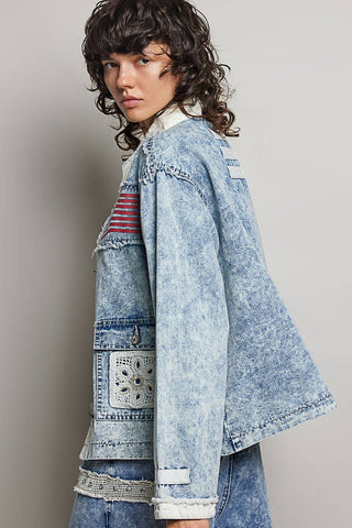 Americana Patchwork Denim Jacket-Denim Jacket-Pol Clothing-Stuffology - Where Vintage Meets Modern, A Boutique for Real Women in Crosbyton, TX