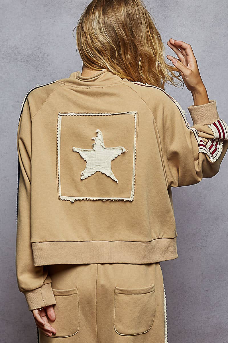 POL Clothing - Long sleeve French terry star patch striped elastic jacket-Jackets-Pol Clothing-Stuffology - Where Vintage Meets Modern, A Boutique for Real Women in Crosbyton, TX