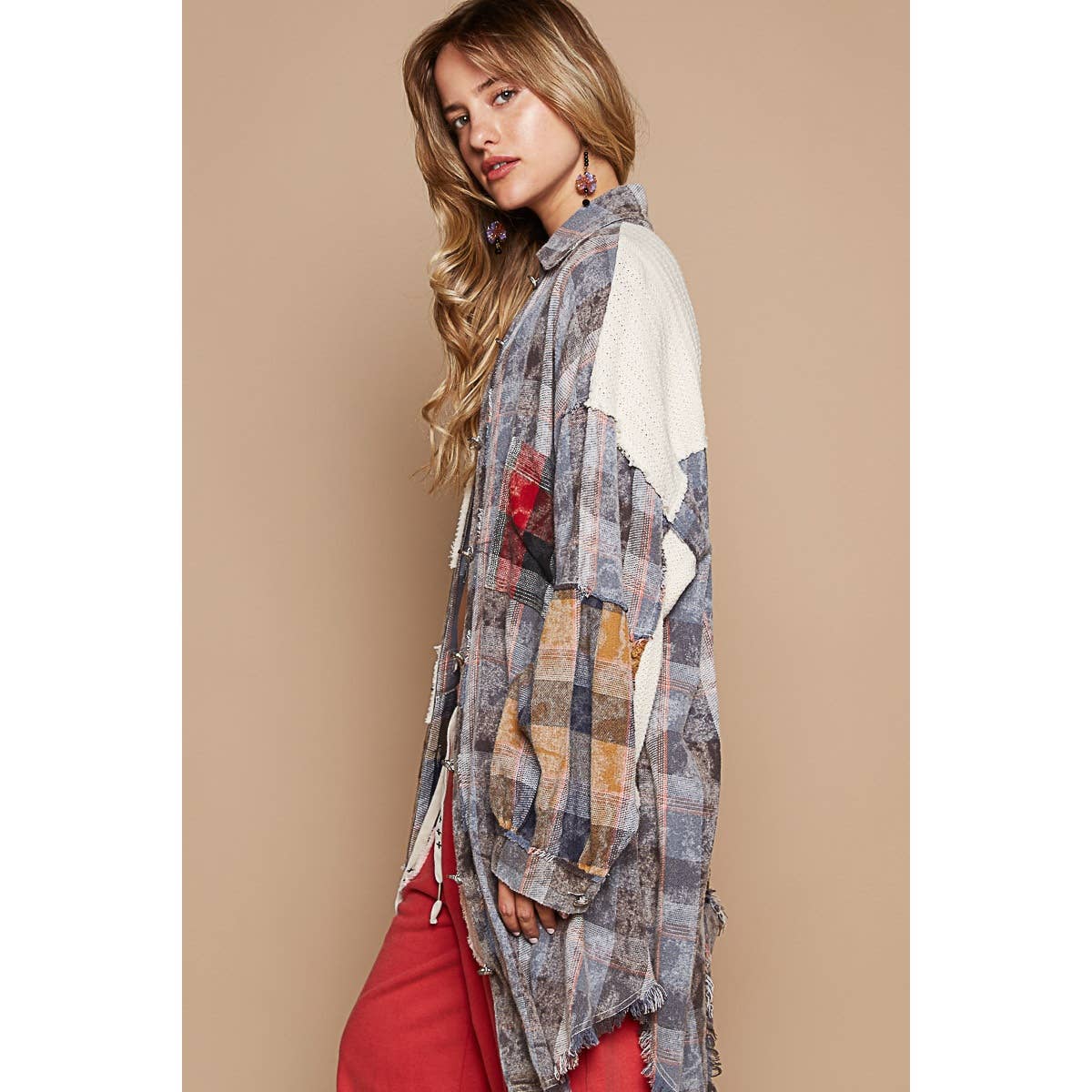 Oversized peace sign patch button down plaid shirt /Stuffology Boutique-Shirt / Jacket-POL Clothing-Stuffology - Where Vintage Meets Modern, A Boutique for Real Women in Crosbyton, TX