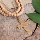 Multi Strand Wood Beads Short Statement Cross Necklace Natural Light Brown-Necklaces-PennyLine inc-Stuffology - Where Vintage Meets Modern, A Boutique for Real Women in Crosbyton, TX