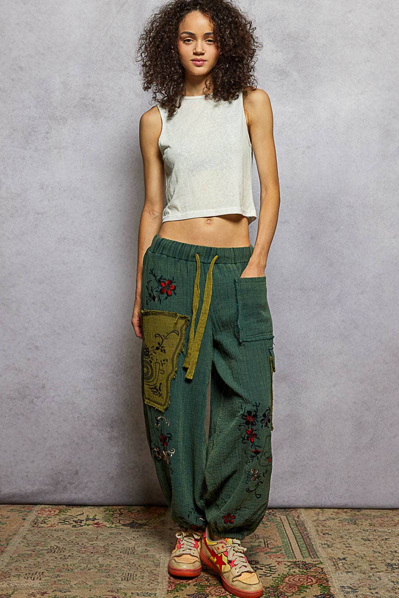 POL Clothing Double gauze floral embroidery accents patch detail pants-pants-Pol Clothing-Stuffology - Where Vintage Meets Modern, A Boutique for Real Women in Crosbyton, TX
