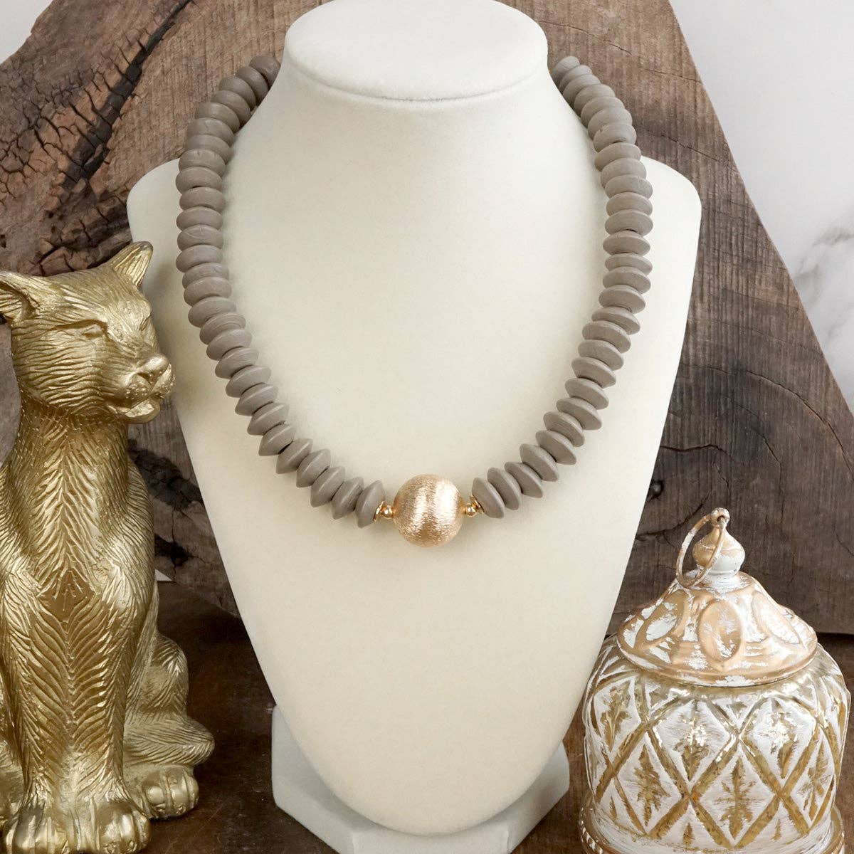 Wood Saucer Beads Short Statement Necklace Gold center Hot Pink Beige Turquoise-Necklaces-PennyLine inc-Stuffology - Where Vintage Meets Modern, A Boutique for Real Women in Crosbyton, TX