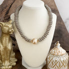 Wood Saucer Beads Short Statement Necklace Gold center Hot Pink Beige Turquoise-Necklaces-PennyLine inc-Stuffology - Where Vintage Meets Modern, A Boutique for Real Women in Crosbyton, TX