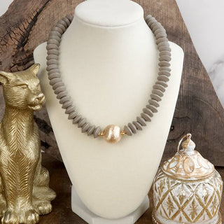 Wood Saucer Beads Short Statement Necklace Gold center Hot Pink Beige Turquoise-Necklaces-PennyLine inc-Stuffology - Where Vintage Meets Modern, A Boutique for Real Women in Crosbyton, TX