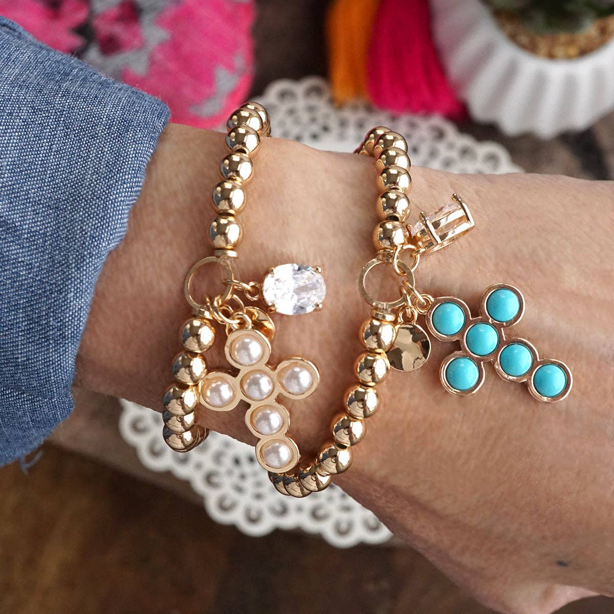 Golden Keepsakes – Charm Cluster Stretch Bracelet with Beads & Stones-Bracelets-PennyLine inc-Stuffology - Where Vintage Meets Modern, A Boutique for Real Women in Crosbyton, TX